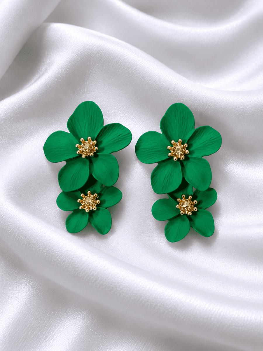 Green Double Floral Drop Earrings for Women