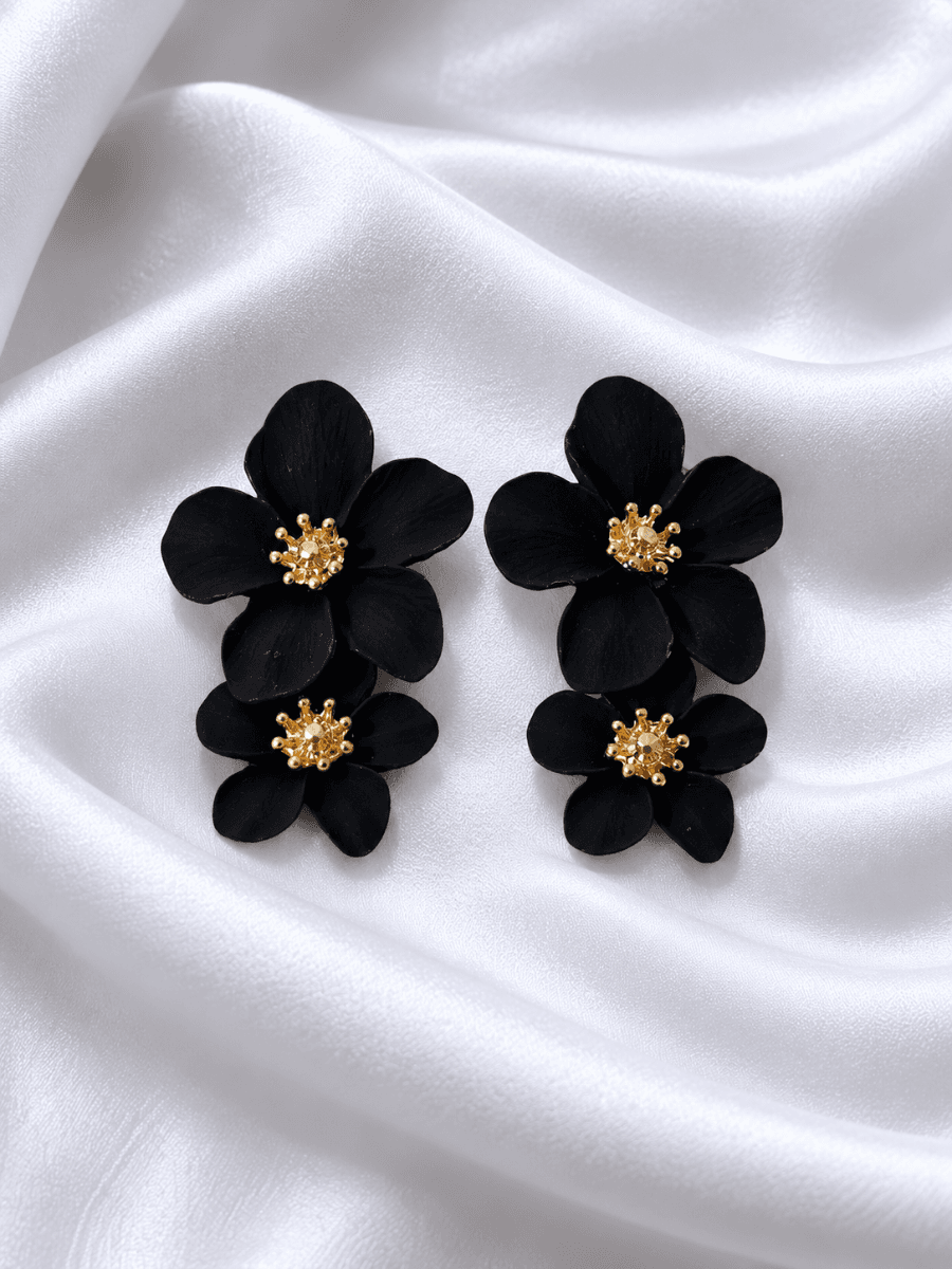 Black Double Floral Drop Earrings for Women