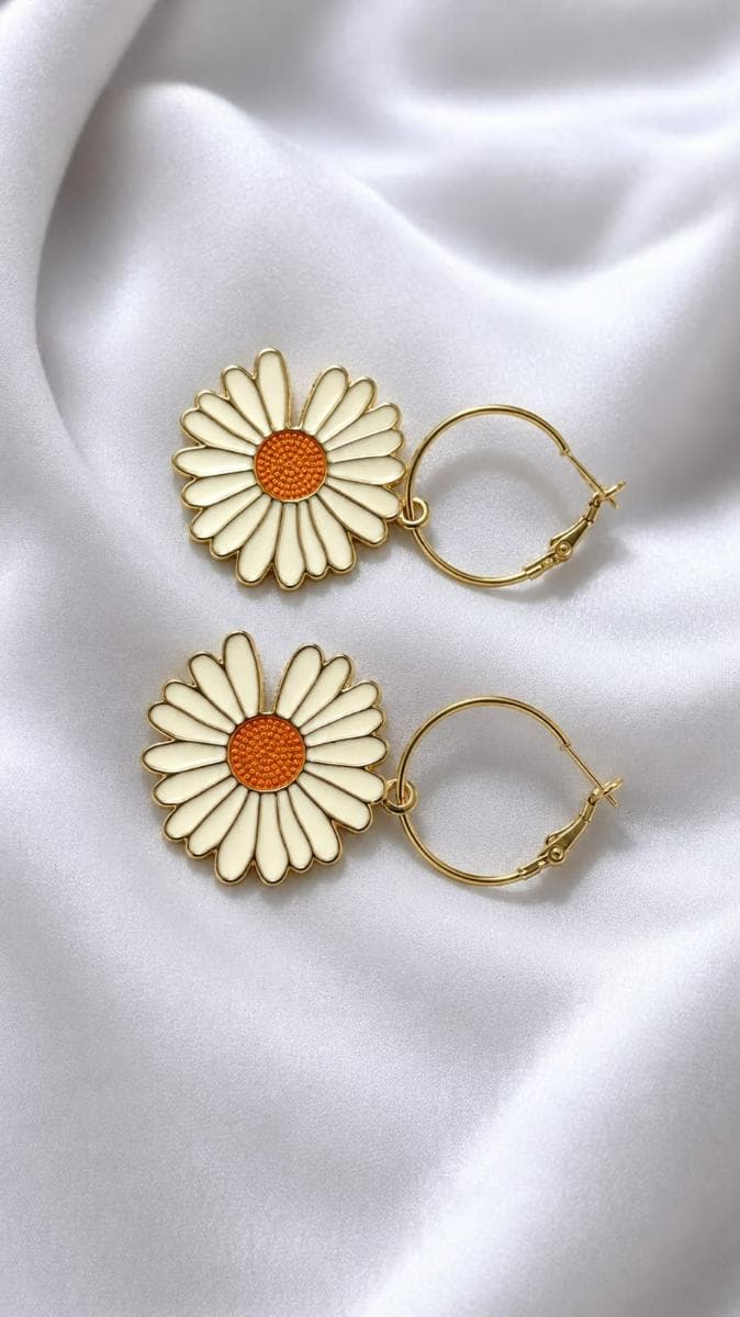 White Daisy Gold Hoop Earrings for Women