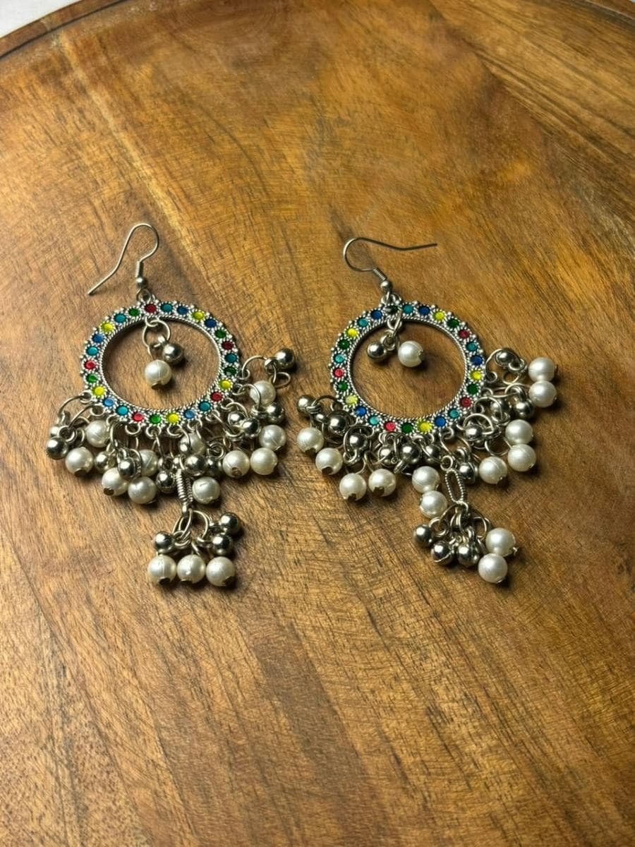 Multicolor Oxidised Silver Pearl Jhumka Earrings
