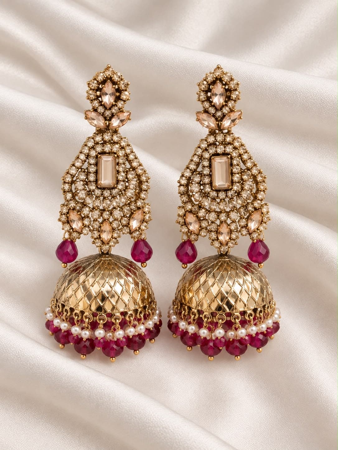 Gold-Tone Maroon Pearl Embellished Jhumka Earrings