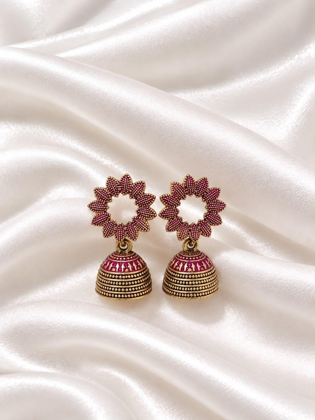 Maroon & Gold Floral Jhumka Earrings