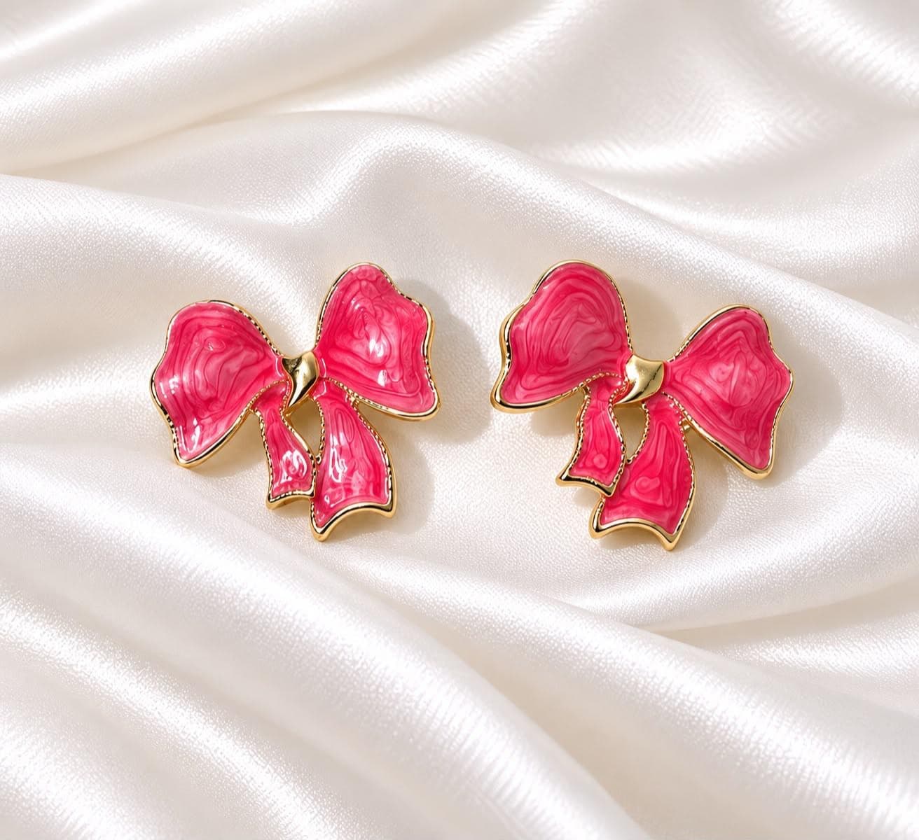 Pink Enamel Bow Stud Earrings for Women