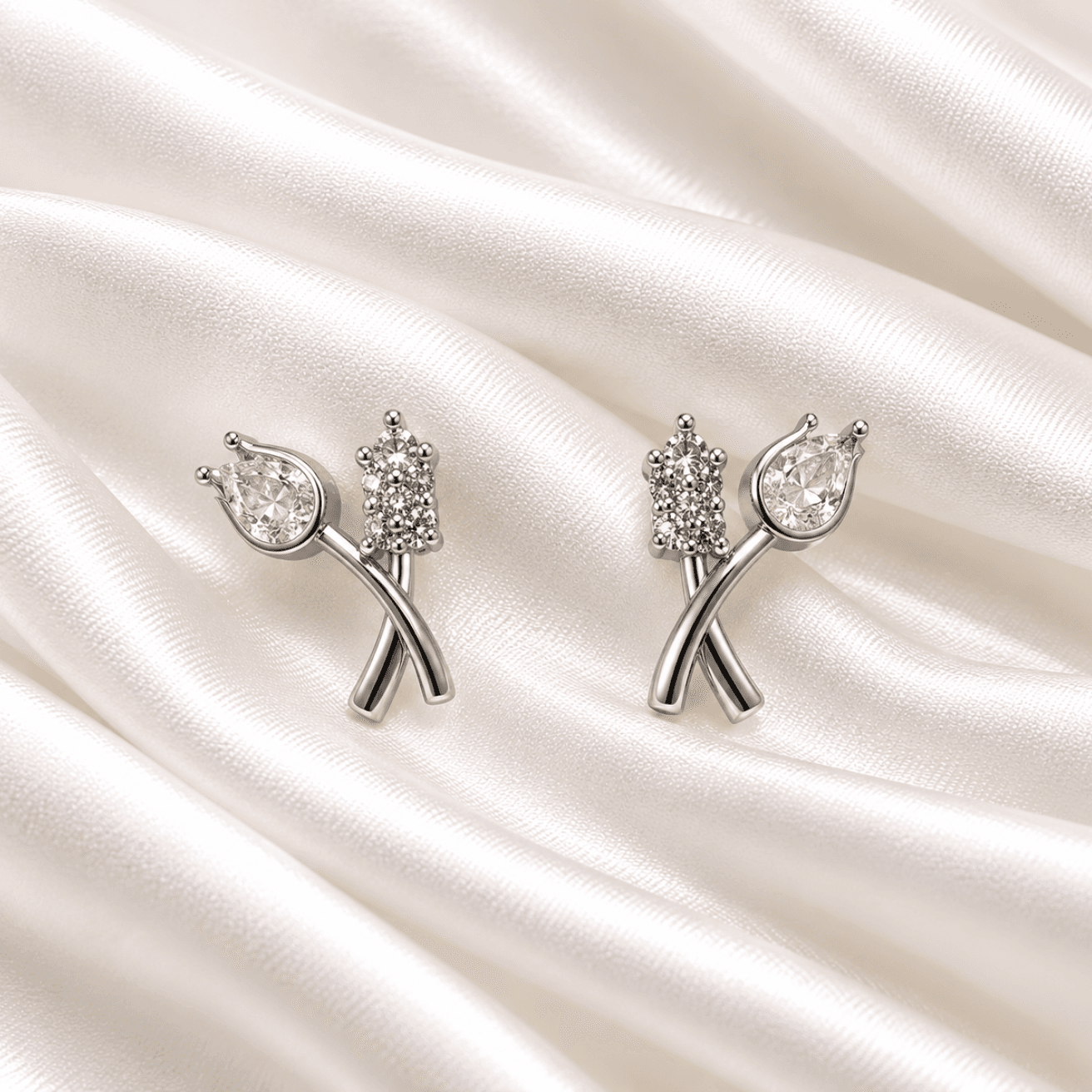 Silver-Tone Crystal Teardrop Floral Stud Earrings for Women